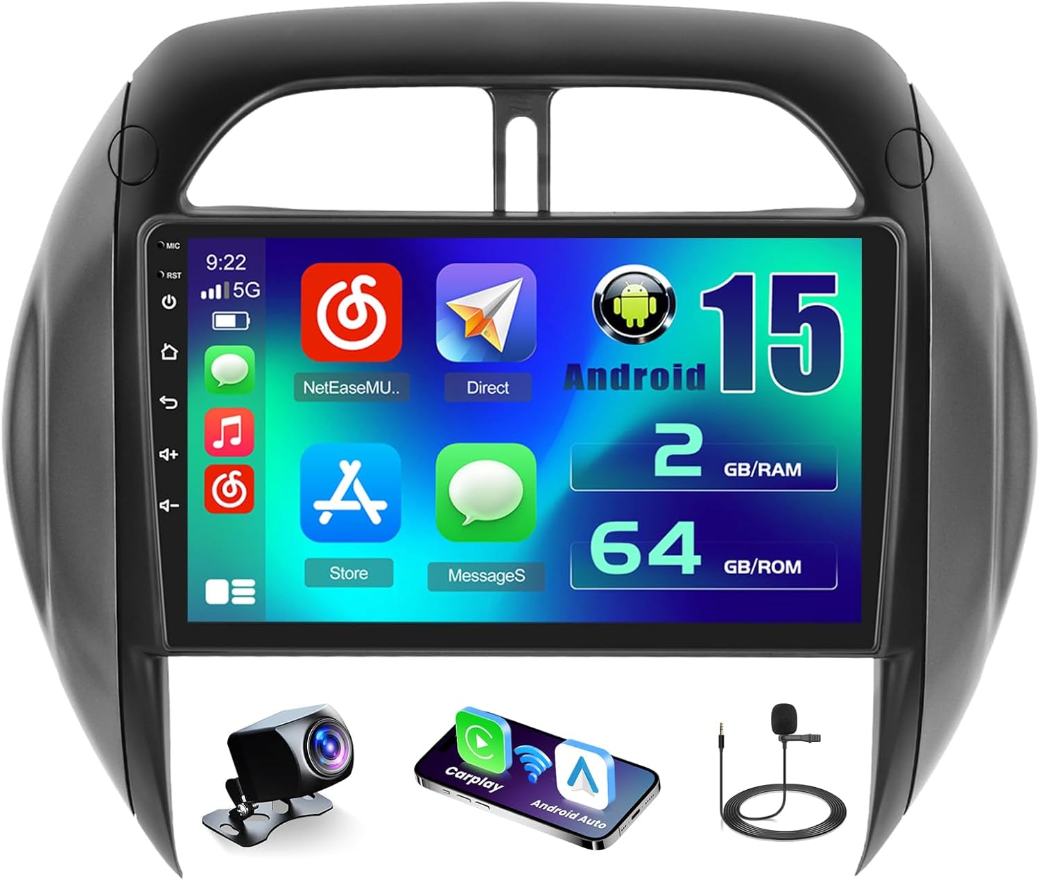[2+64GB] Android 15 Car Radio for Toyota RAV4 2003-2005 with Wireless Carplay Android Auto, 9 Inch HD Touchscreen Car Stereo with GPS WiFi Bluetooth FM/RDS EQ SWC 26UI Backup Camera MIC