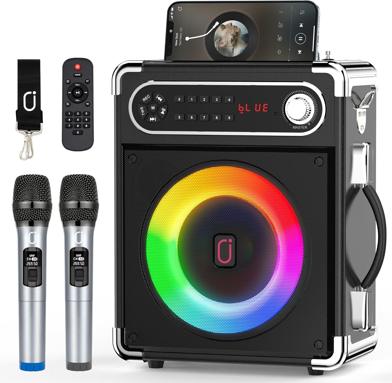 JYX Karaoke Machine with Two Wireless Microphones, Portable Bluetooth Speaker with Bass/Treble Adjustment, PA System with Remote Control, LED Lights,Supports TF Card/USB, AUX IN, FM, REC,TWS for Party
