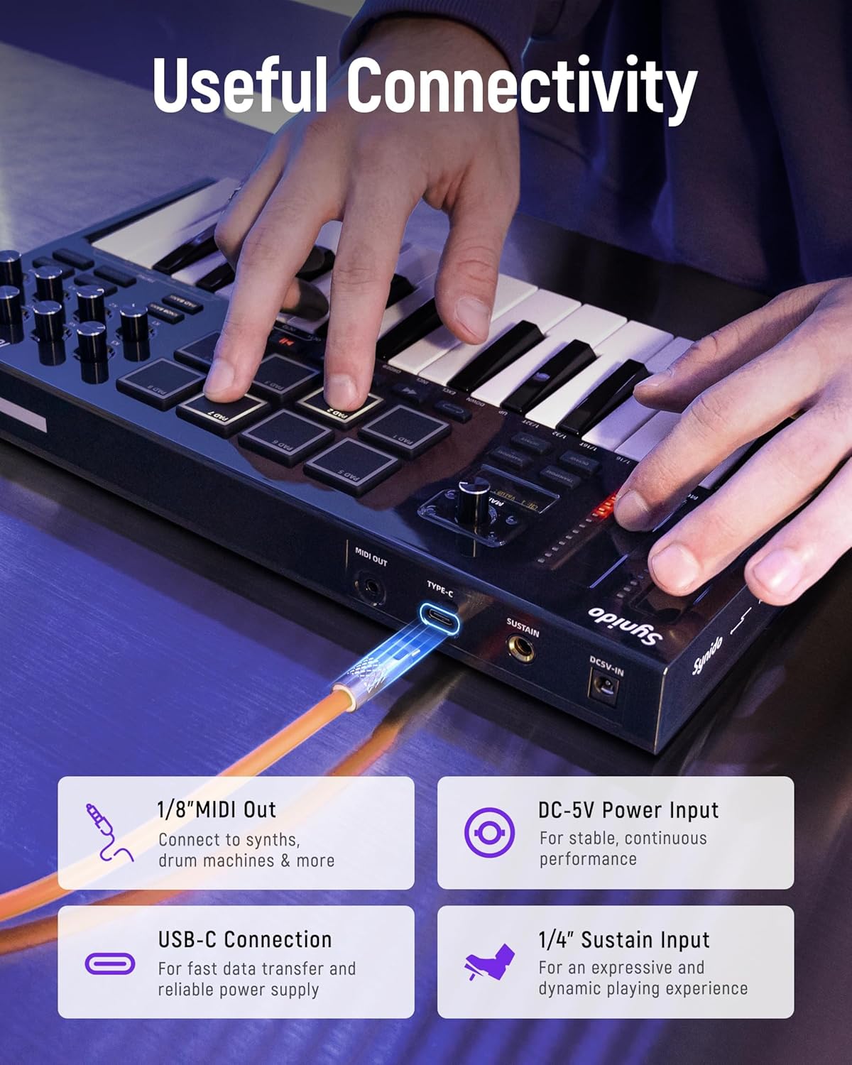 Synido USB C MIDI Keyboard Controller 25 Keys with 8 Backlit Drum Pads, OLED Screen, Compact Mini MIDI Controller for Music Production – Black, TempoKEY K25