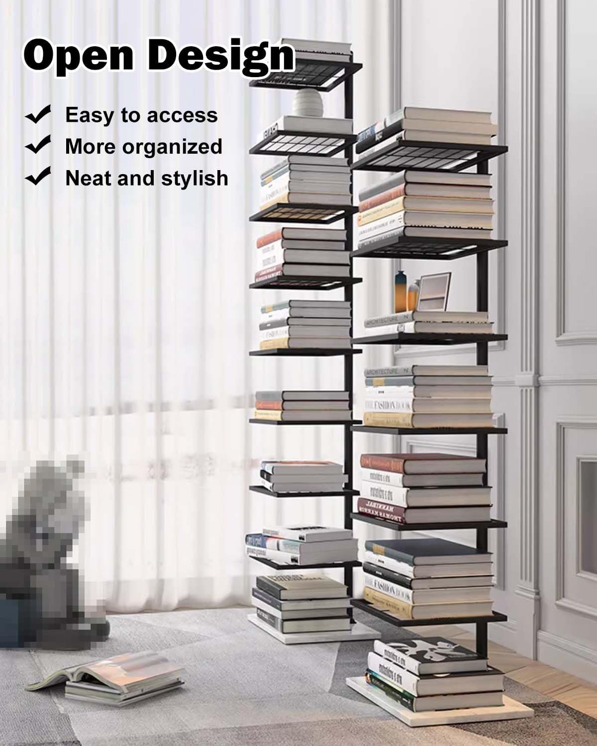 Tall Vertical Spine Book Tower, Space Saving Corner Bookshelf, Multipurpose Storage Rack Book Organizers, Floating Book Shelves Floor Standing(Gold,6-Tier 115cm (45
