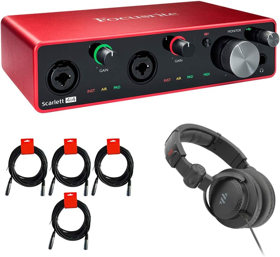 Focusrite Scarlett 4i4 USB Audio/MIDI Interface (3rd Gen) Bundle with Studio Monitor Headphone & 4x XLR-XLR Cable