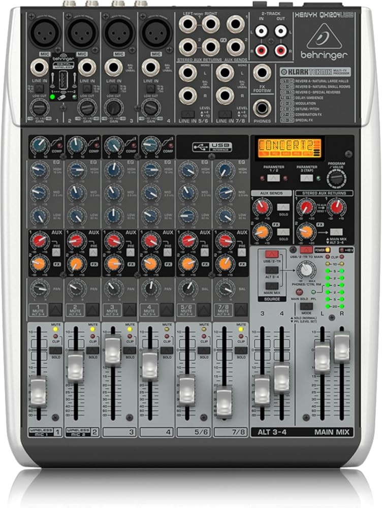 Behringer XENYX QX1204USB Premium 12-Input 2/2-Bus Mixer with XENYX Mic Preamps and Compressors, Klark Teknik Multi-FX Processor, Wireless Option and USB/Audio Interface