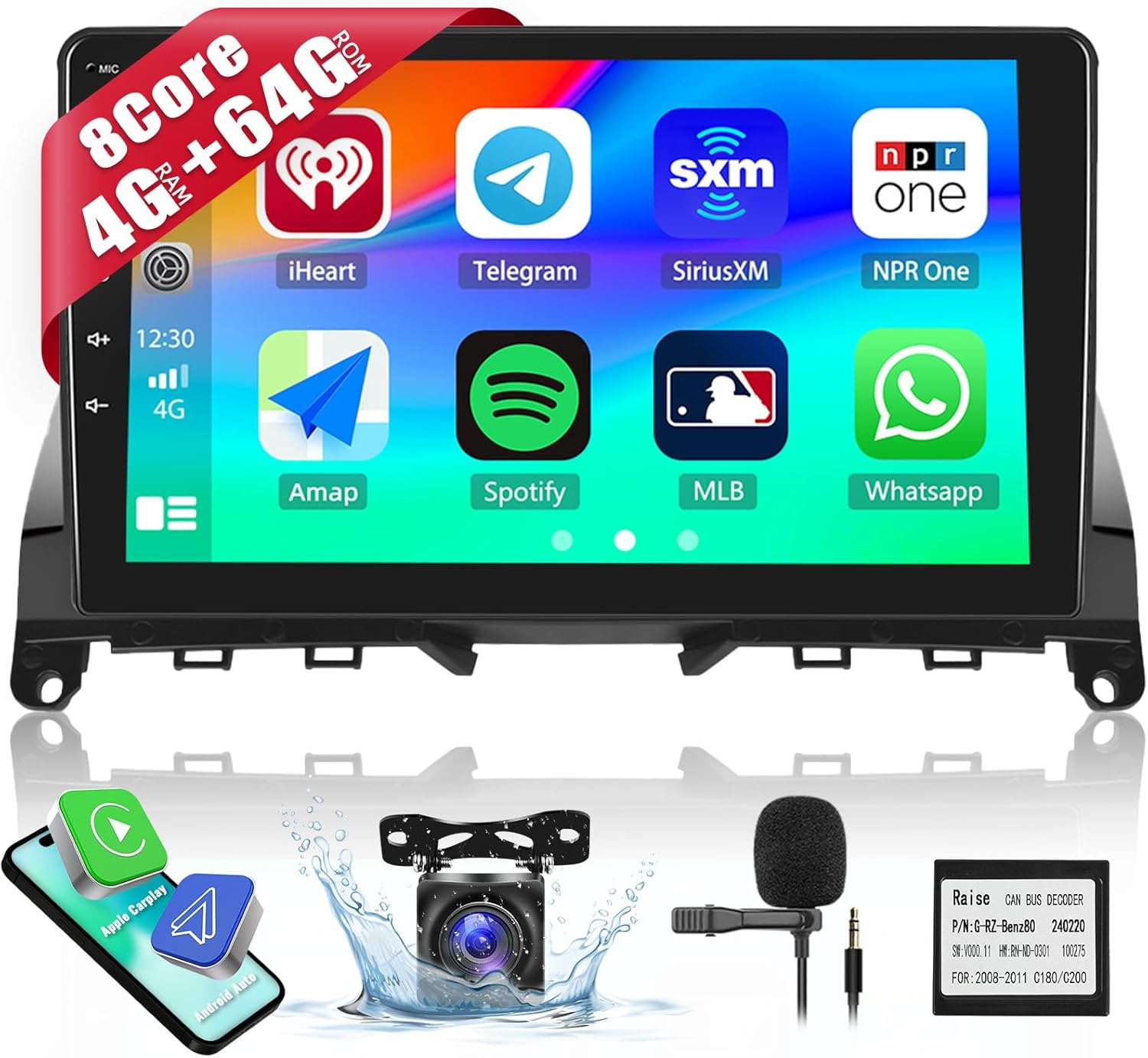 4+64GB Car Stereo for Mercedes Benz C Class W204 C300 C350 C250 C280 2007-2011 with Wireless CarPlay Android Auto 9