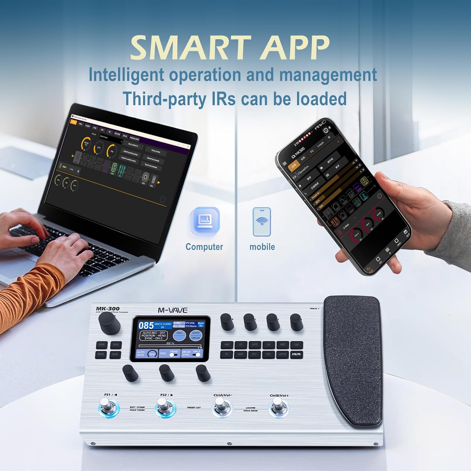 M-VAVE MK-300 Guitar Bass AMP Modeler & Effects Processor with 320+ Effects, 160 Presets, Looper, Drum Machine, USB/BT 10H Battery for Live/Recording