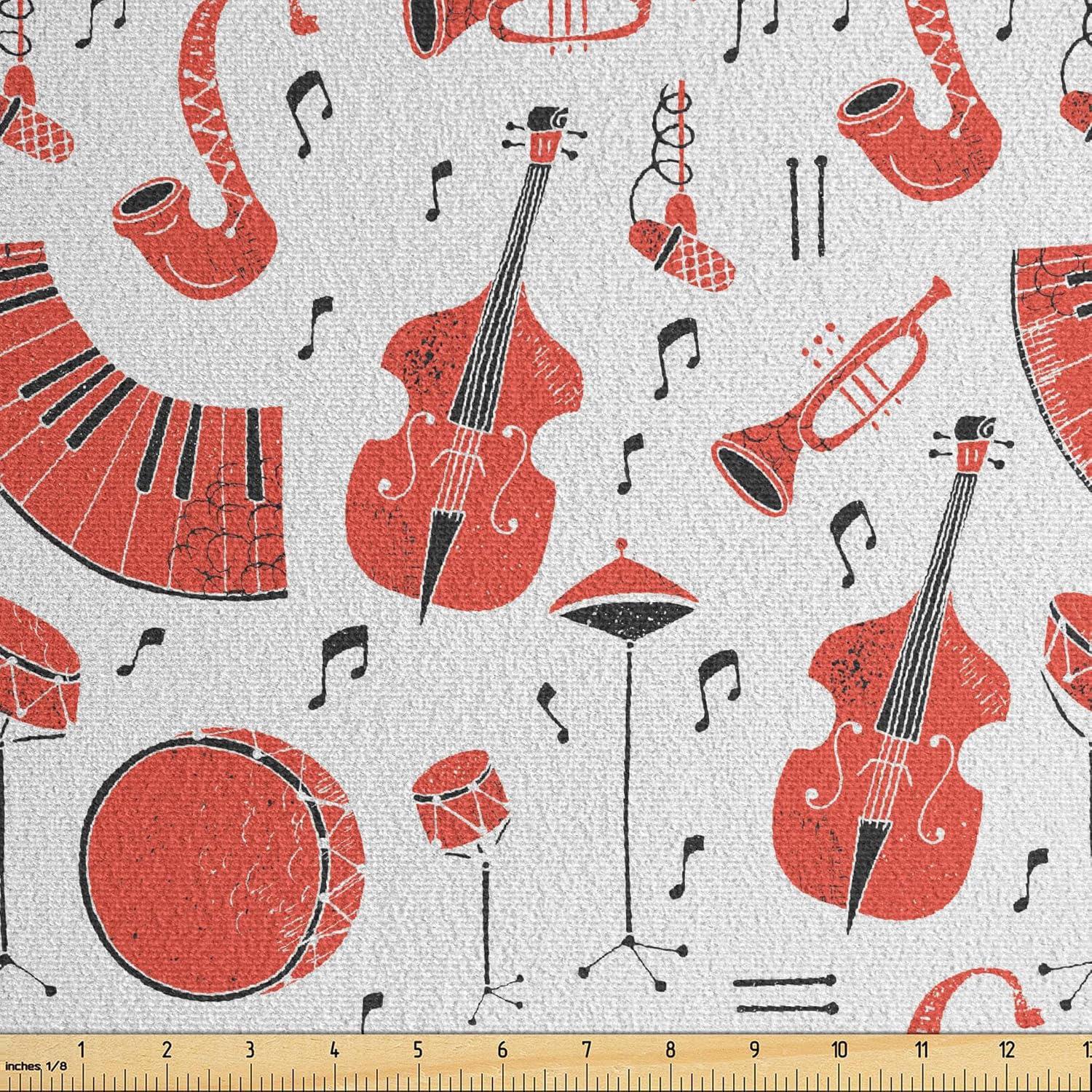 Ambesonne Musical Faux Suede Fabric by The Yard, Grunge Effect Musical Instruments as Trombone Trumpet and Double Bass, for Indoor Outdoor DIY Projects Upholstery, 10 Yards, Vermilion and Black