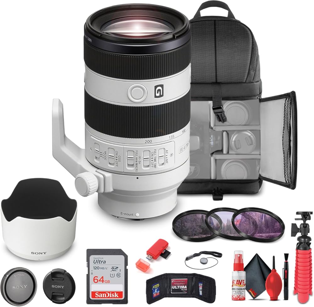 Sony FE 70-200mm f/4 Macro G OSS II Full-Frame Compact Telephoto Zoom Lens (Sony E) (SEL70200G2) + 64GB Card + Filter Kit + Backpack + Flexible Tripod + Cap Keeper + Cleaning Kit + More (Renewed)