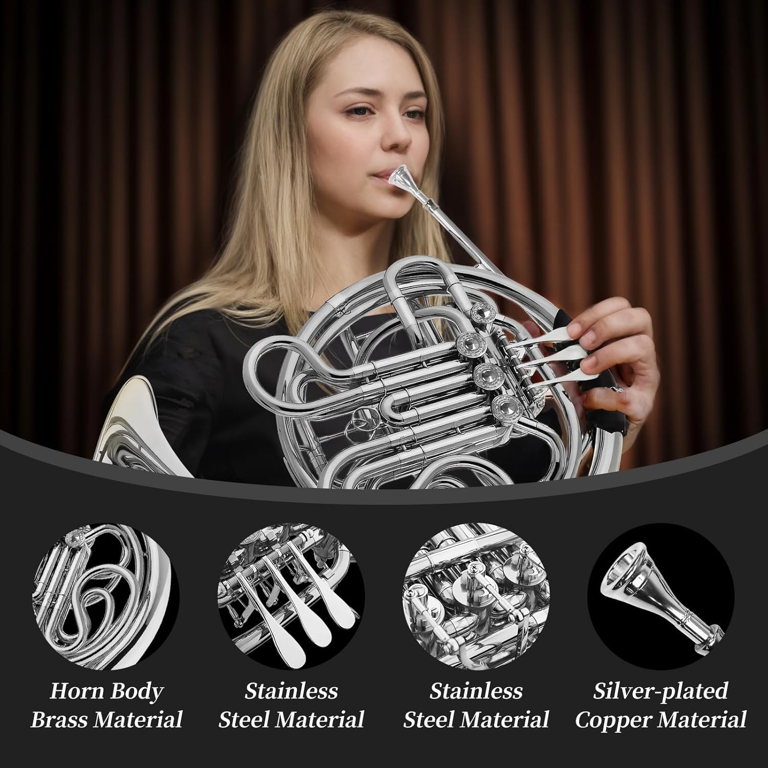 Double French horn, French horn, 4-button F/B tuning, select brass, one-piece French horn design, comes with backpack, gloves, cleaning cloth, and cleaning tool kit(silver, all-in-one)