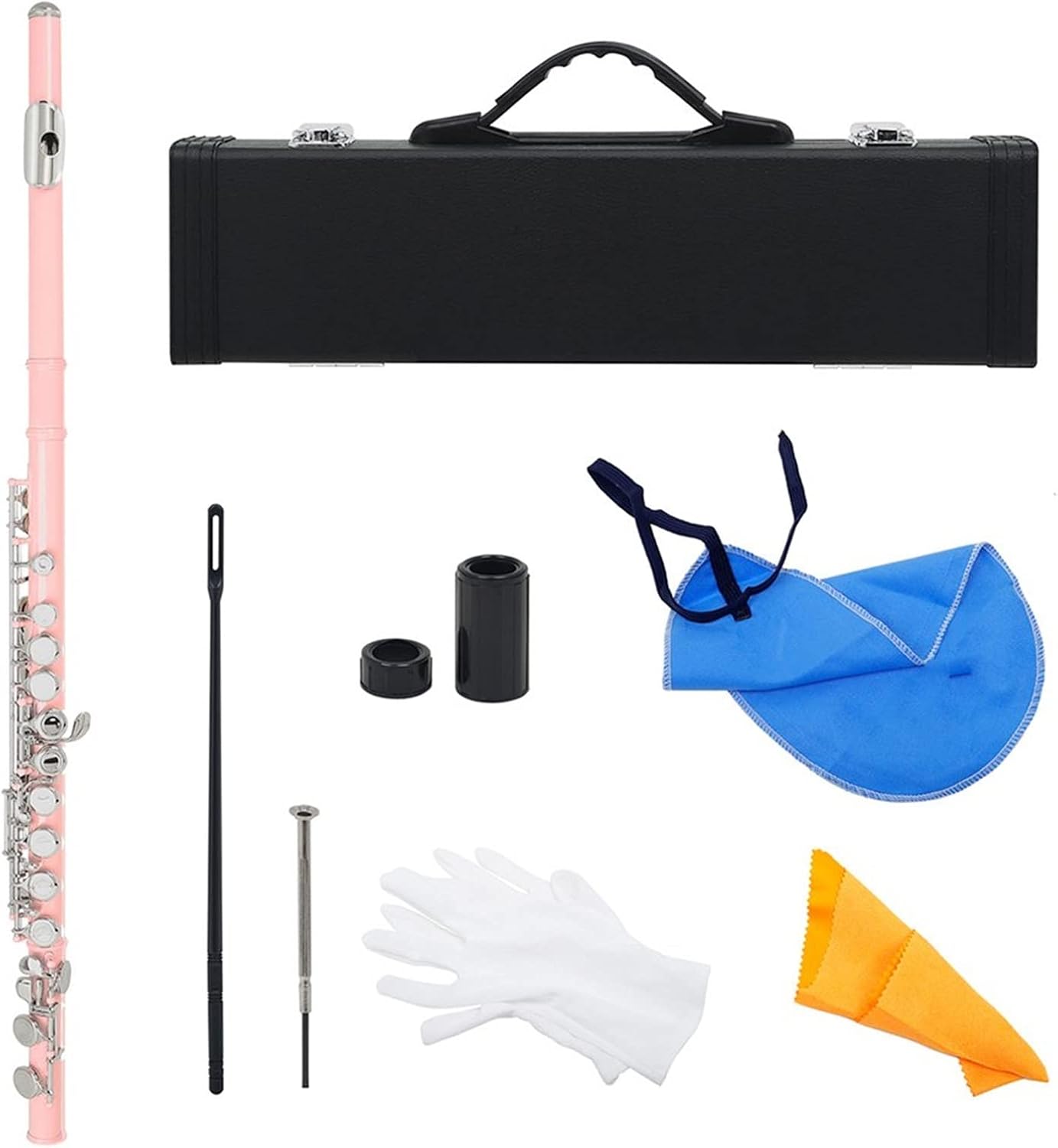 Flute Kit 16 Holes Flute Closed Hole C Tone Pink Flute Silver Key Cupronickel Woodwind Instruments with Leather Case Cleaning Cloth Intermediate Flute