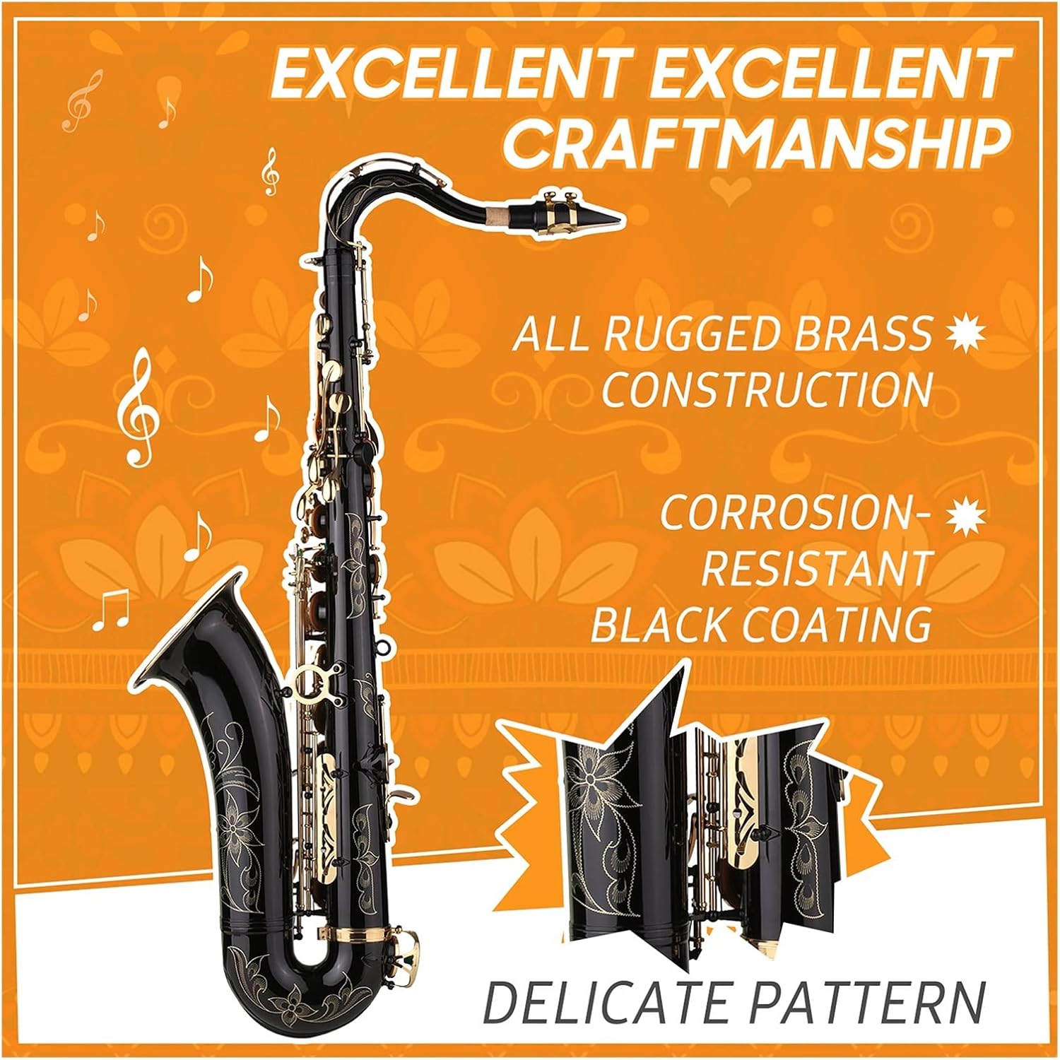 B- Flat Tenor Saxophone Bb Black Lacquer Sax with Instrument Case Mouthpiece Reed Neck Strap Cleaning Cloth Brush Student Saxophone