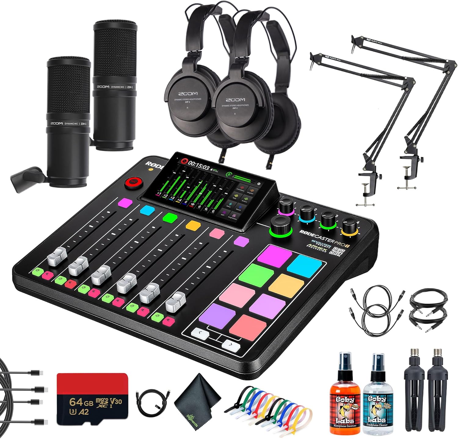 RODE RODECaster Pro II + 2x Headphones + 2x Podcast Microphone + 64GB Micro SD Memory Card + Mic Arm Stand + 10 Foot XLR + USB-C + 1/4 TRS + More (Bundle)