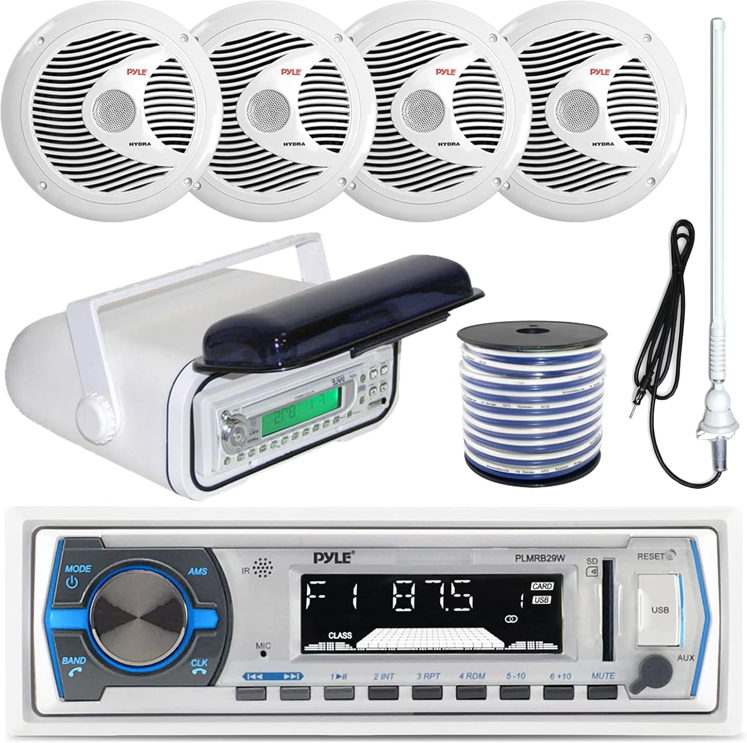 Single DIN MP3 USB SD Bluetooth in-Dash Radio Receiver Bundle Combo with White Marine Stereo Housing + 4X 6.5 Dual Cone Waterproof Audio Speakers = Enrock Flex AM/FM Antenna + 50Ft Speaker Wire