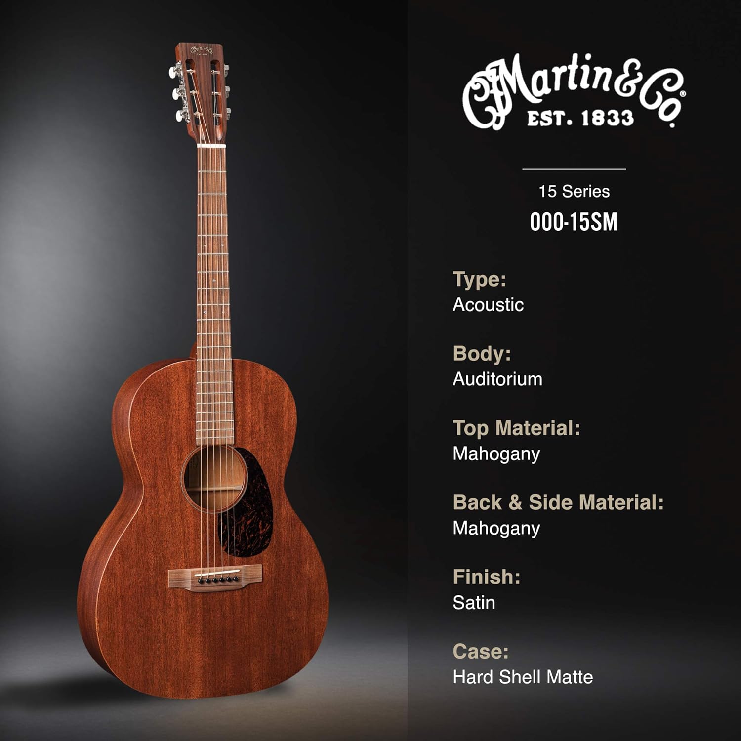 Martin Guitar 000-15SM with Gig Bag, Acoustic Guitar for the Working Musician, Mahogany Construction, Satin Finish, 000-12 Fret with Slotted Headstock, and Low Oval Neck Shape
