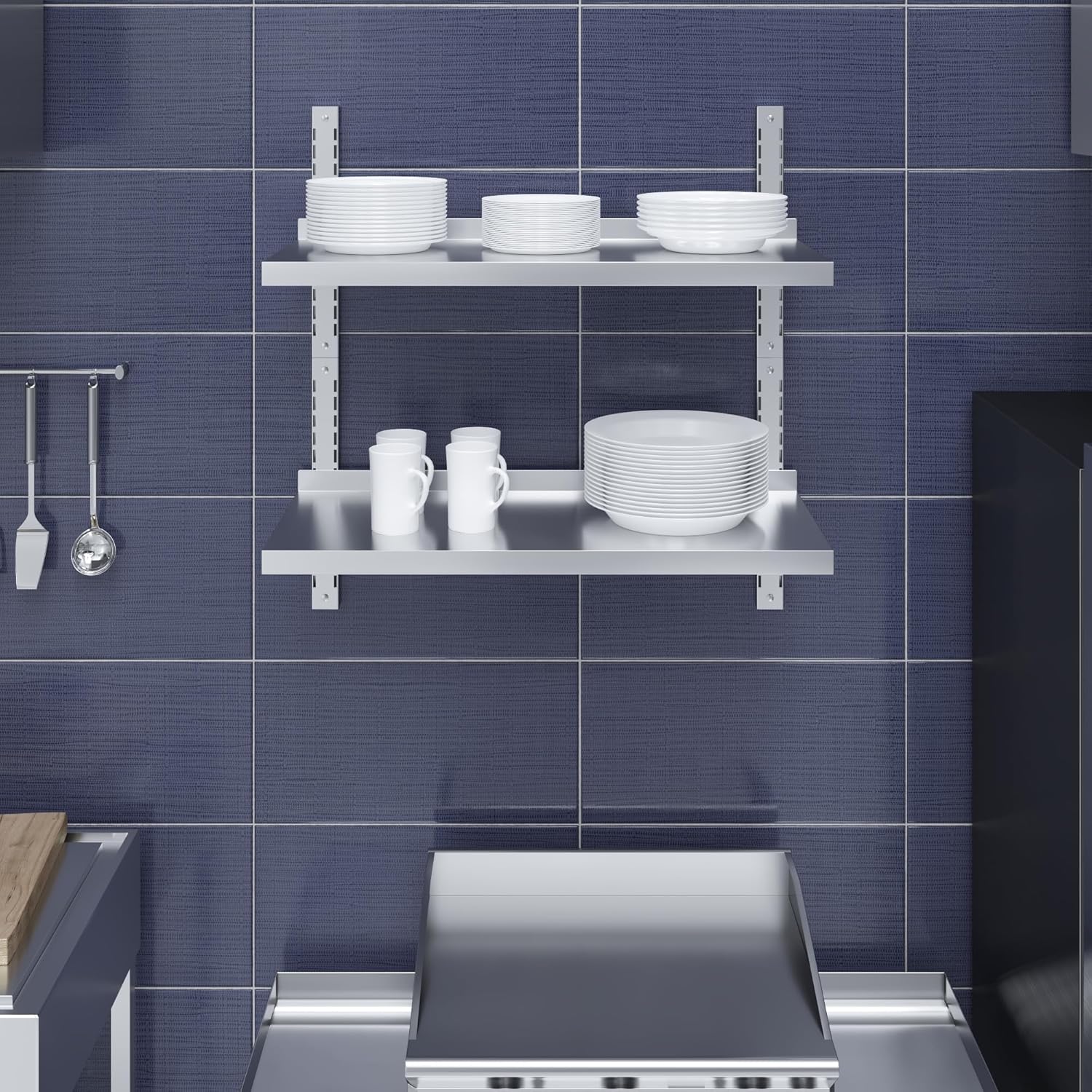 AmGood 16 in. x 36 in. Two-Tier Stainless Steel Wall Mount Shelf | Heavy-Duty Metal Shelving for Kitchen, Garage, Pantry, Closet, and More