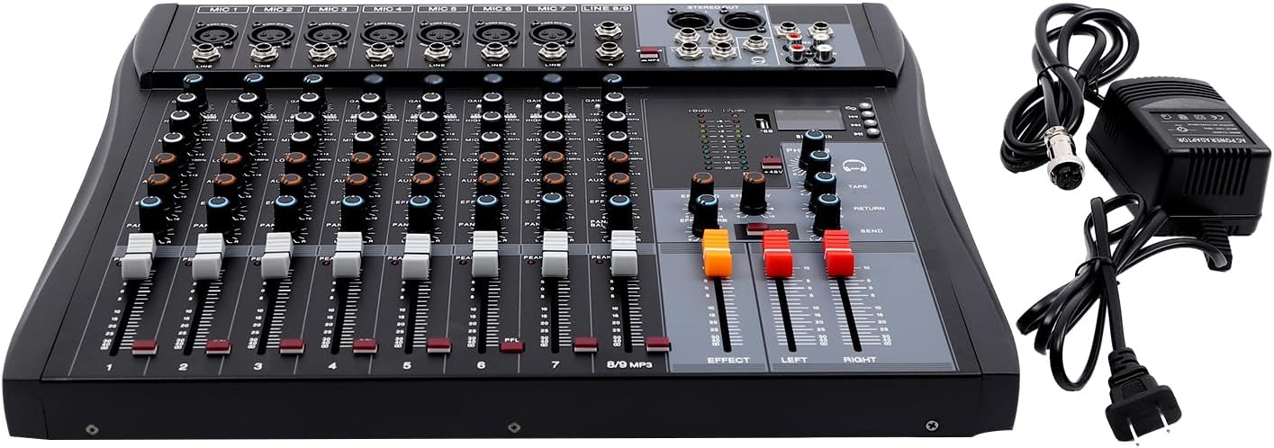 Professional Audio Mixer, 8-Channel Bluetooth Studio Audio Mixer DJ Sound Controller Interface with Bluetooth USB, Recording Studio Equipment Sound Mixing Console for Karaoke Wedding Party