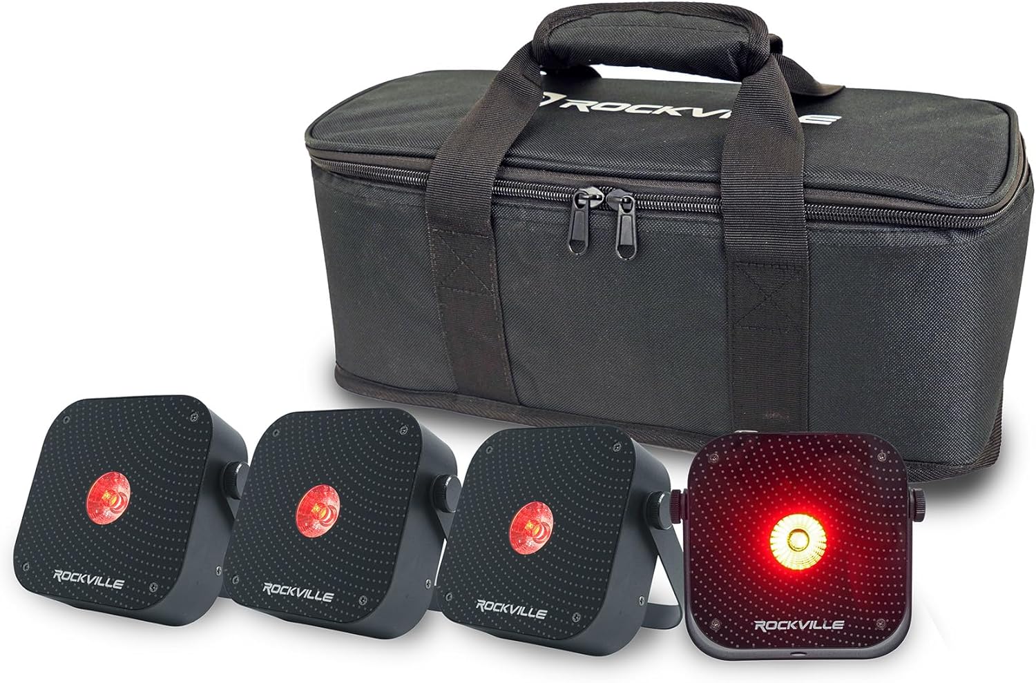 Rockville 4 Pack MINI RF1 V3 Black LED Wash Up Light, RGBWA+UV, Compact, App, Remote, LCD, Wireless DMX, Rechargeable, Perfect for DJ/Party Lighting