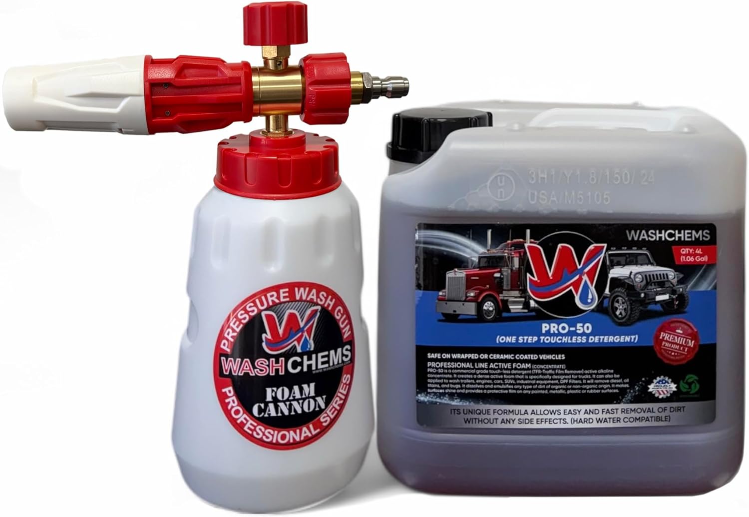 Wash Chems PRO-50 Touchless Car Wash Detergent Soap with Professional Foam Cannon (1 Gallon, 128 oz) No Brushing, Commercial Grade Auto Cleaner Great for Trucks & Tractors