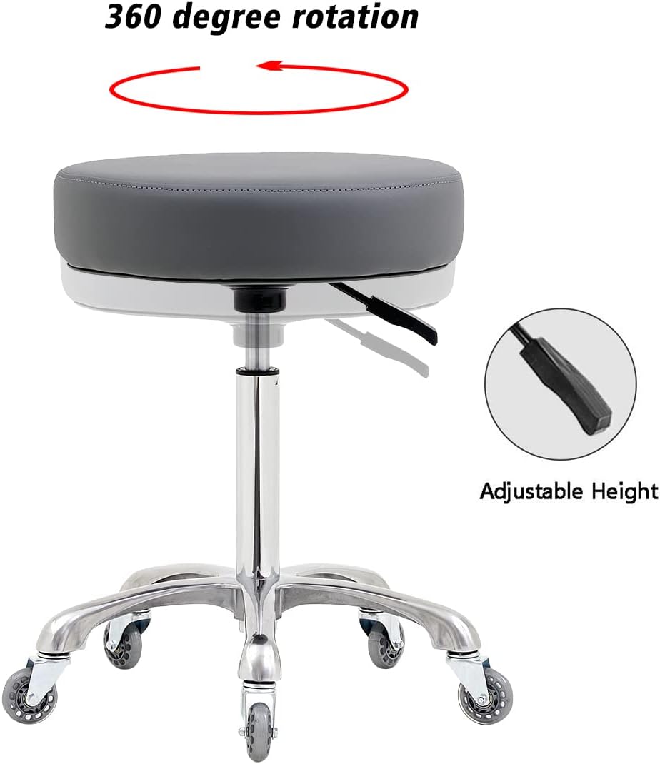 Rolling Stool with Wheels, Heavy Duty 400 lbs Stool for Shop Guitar Lab Tattoo Workbench Medical, Adjustable Swivel Chair (Grey)