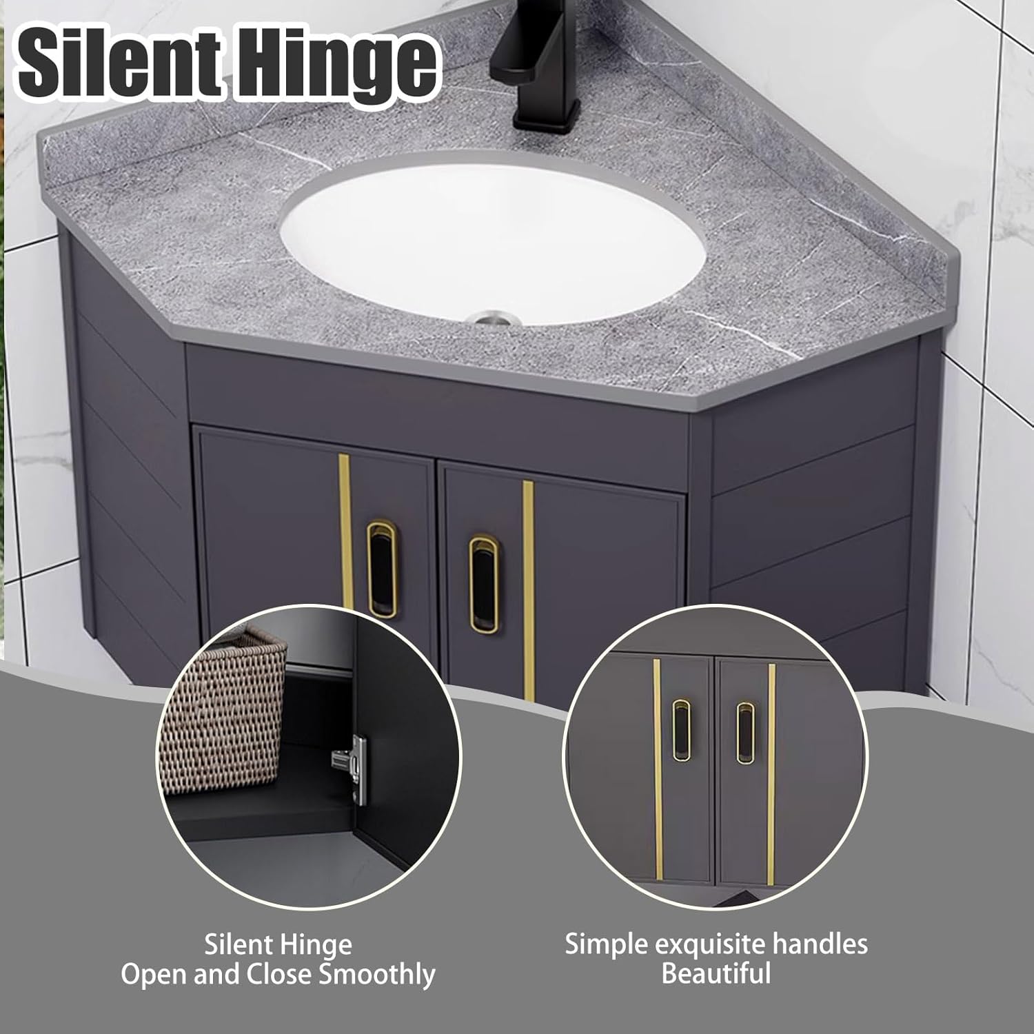 Small Corner Bathroom Cabinet Vanity With Sink Vanity, Corner Sink Bathroom Narrow Depth Vanities, Wall Mount Vessel Sink With Storage Space Hot & Cold Faucet Combo,for Small Space(Black)