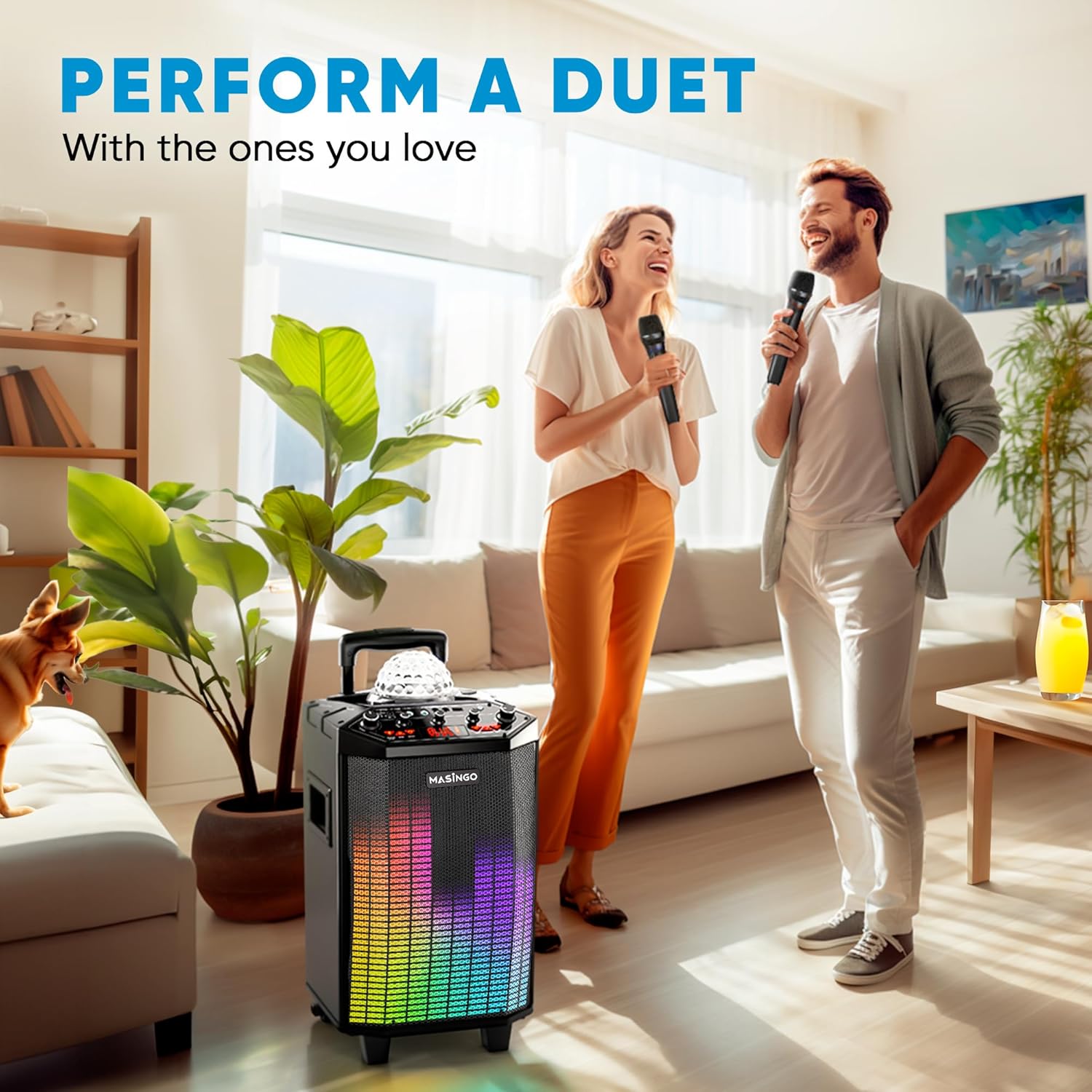 MASINGO New Karaoke Machine for Adults and Kids with 2 Bluetooth Wireless Microphones. Portable Singing PA Speaker System with Party Lights, Lyrics Display Holder, and TV Cable. Festoso X9