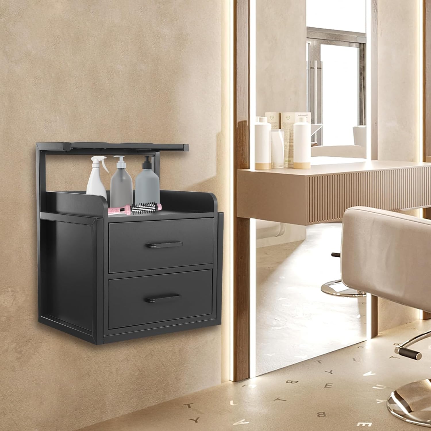 Wall Mount Styling Station Classic Locking 2 Drawers Storage Beauty Salon Equipment 2 Hair Dryer Holes Locking Cabinet for Beauty Salon or SPA, Barber Shop, Home & Bathroom, Black