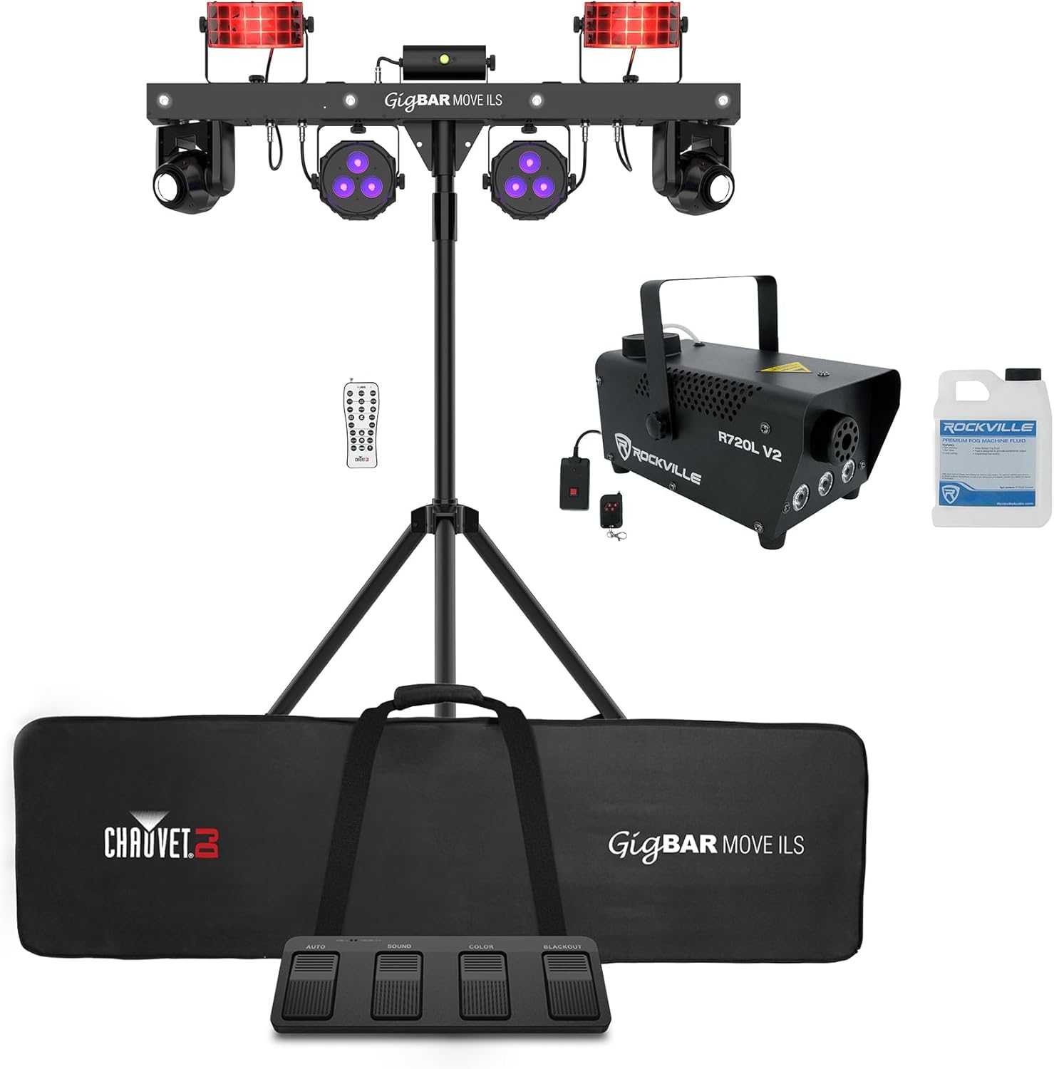 Audiosavings Bundle: Chauvet DJ GIGBAR Move ILS Kit w/Moving Heads/Derbies/Washes/Laser/Strobe Lights Bundle with Rockville R720L Fog/Smoke Machine w/Remote+Fluid+Multi Color LED Built in! (2 Items)