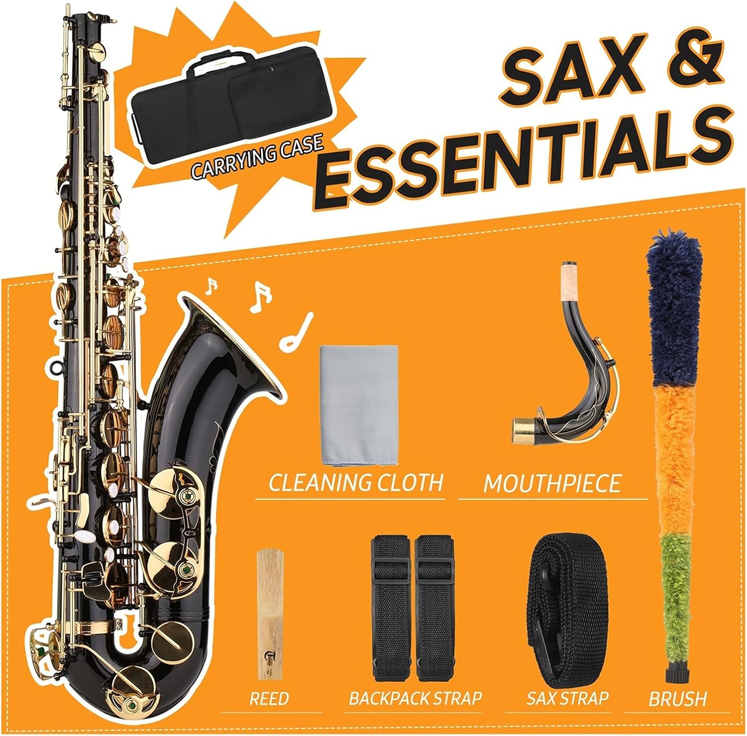 B-Flat Tenor Saxophone Bb Black Lacquer Sax with Instrument Case Mouthpiece Reed Neck Strap Cleaning Cloth Brush Beginner Student Saxophone