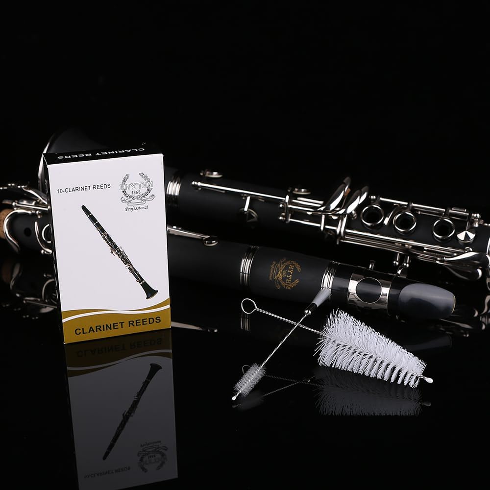Rhythm Bb Clarinet 17 Nickel Keys Woodwind Band & Orchestra Musical Instruments for Beginners Includes Case, Stand, 10 Reeds and Cleaning Kit-Black/Silver keys