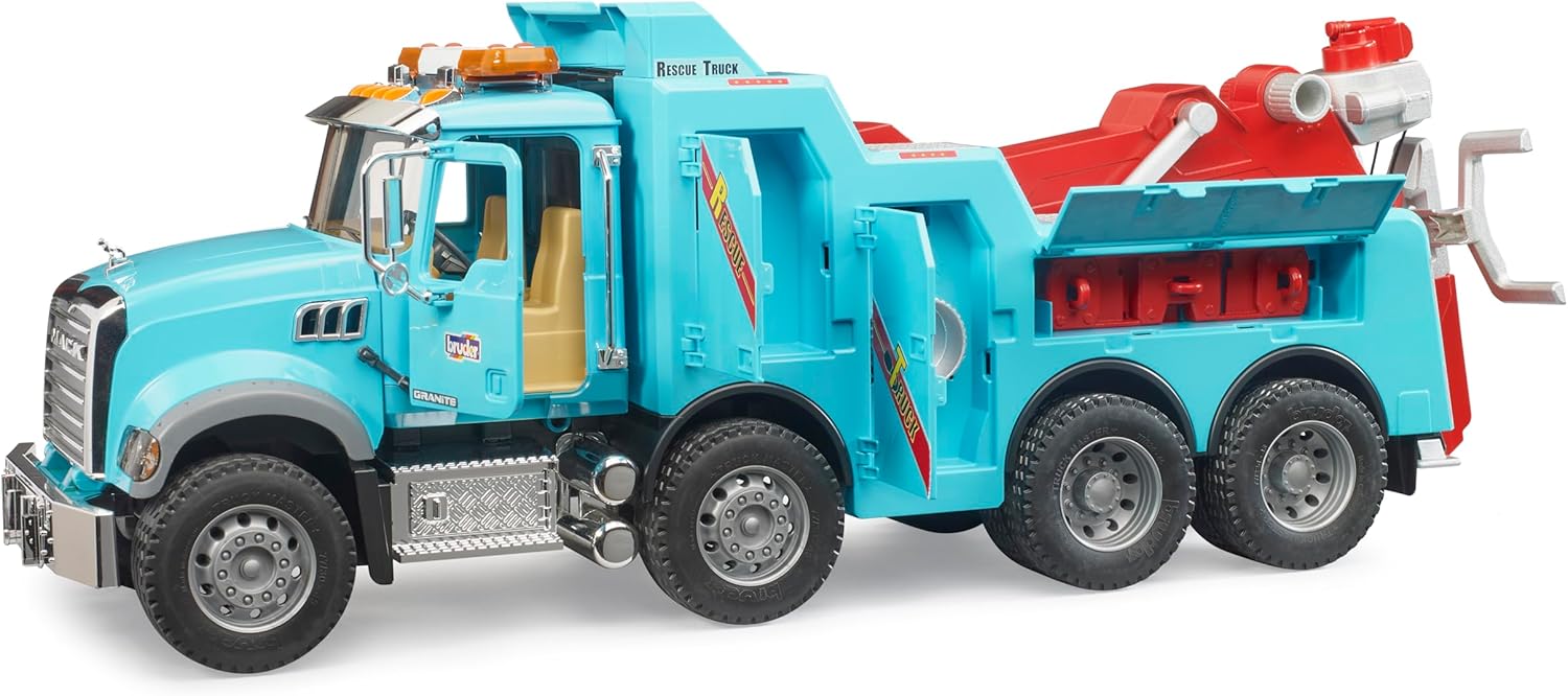 Bruder 02831 Mack Granite Heavy Rescue Wrecker Tow Truck with Light & Sound Module | Realistic Recovery Vehicle Toy for Indoor & Outdoor Play