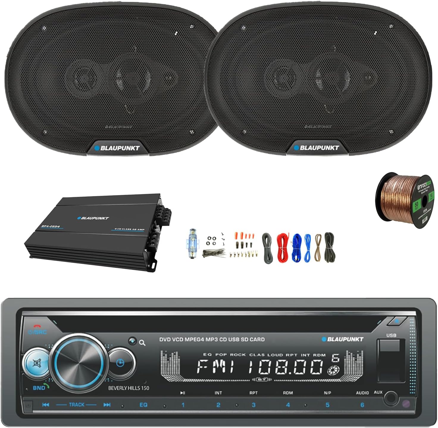 Blaupunkt Beverly Hills 150 Single DIN Bluetooth DVD/CD Stereo Receiver, 4-Channel Amplifier w/Kit, 2X 6x9 70 Watt Max 4-Way Car Speakers w/Wire