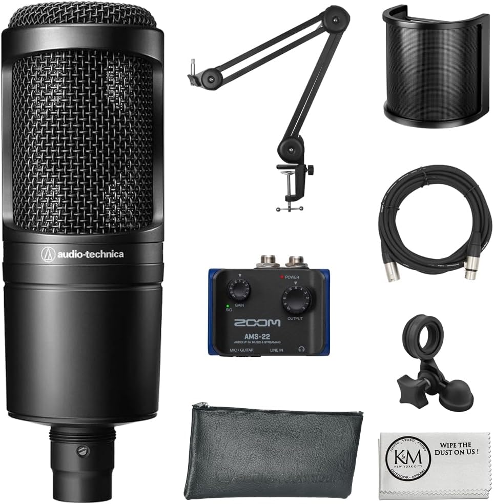 Audio-Technica AT2020 Cardioid Condenser Microphone Bundle with Audio Interface + Microphone Arm + Pop Filter + XLR Cable + Cleaning Cloth (6 Items)