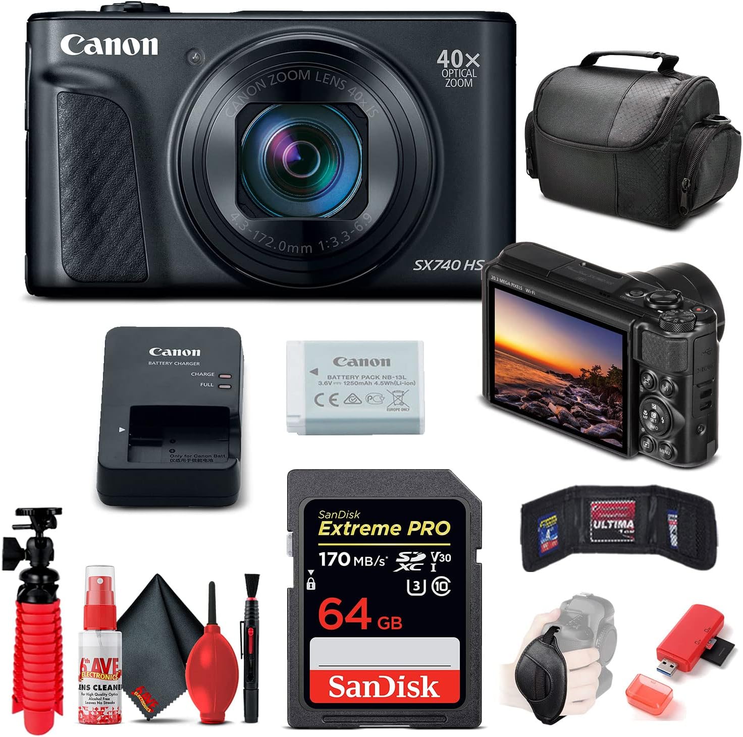Canon PowerShot SX740 HS Digital Camera (Black) | 40x Zoom, 4K UHD Video, Wi-Fi & Bluetooth + 64GB Card + Card Reader + Soft Bag + Flex Tripod + Hand Strap + Memory Wallet + Cleaning Kit (Renewed)