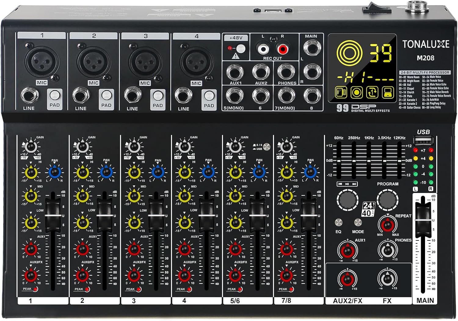 8 Channel Mixer Audio, Professional Music Sound PA Mixer DJ Mixing Board Console with 99 DSP Effects, 5-band EQ, Bluetooth, USB Interface, 48V Phantom Power for Recording Stage Karaoke