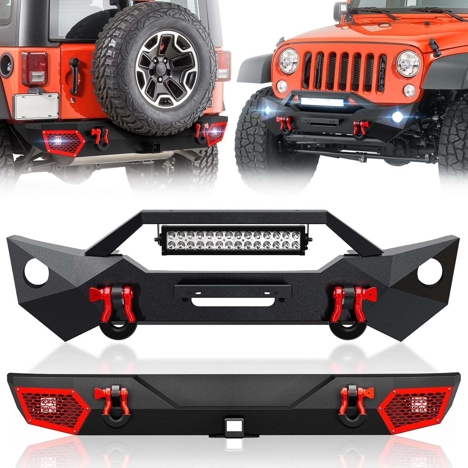 SUORTO Front & Rear Bumper Compatible with 2007-2018 Jeep Wrangler JK JKU Unlimited w/Winch Plate, 2