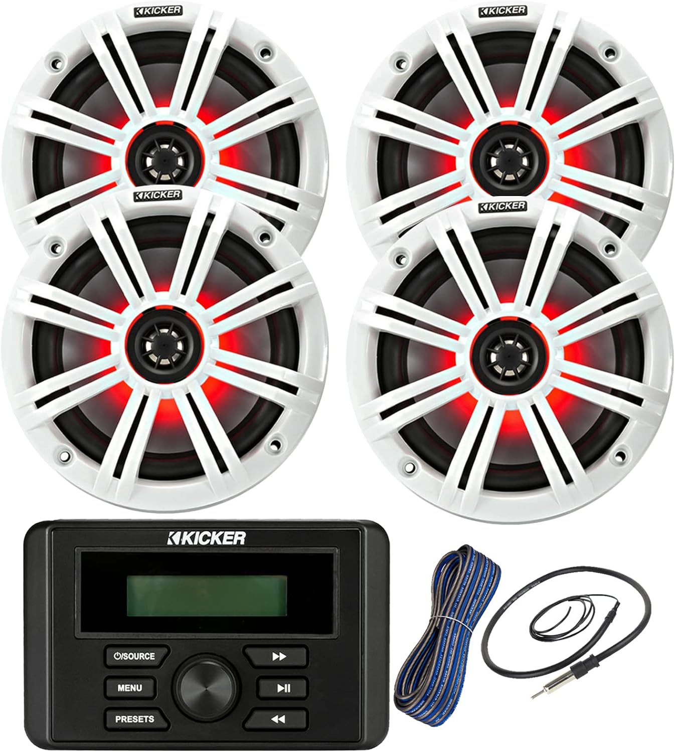 Kicker Weather-Resistant Marine Bluetooth USB RCA Stereo Receiver Bundle Combo with 2 Pair (QTY 4) 6.5