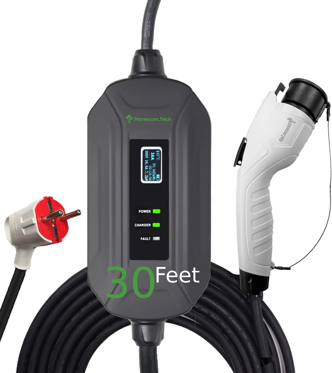 PRIMECOM Level 2 Electric Vehicle (EV) Charger (220V / 240Volt, 16Amp) Portable EVSE Smart Electric Car Charger, 30', 40', and 50 Feet Lengths (European, 30 Feet)