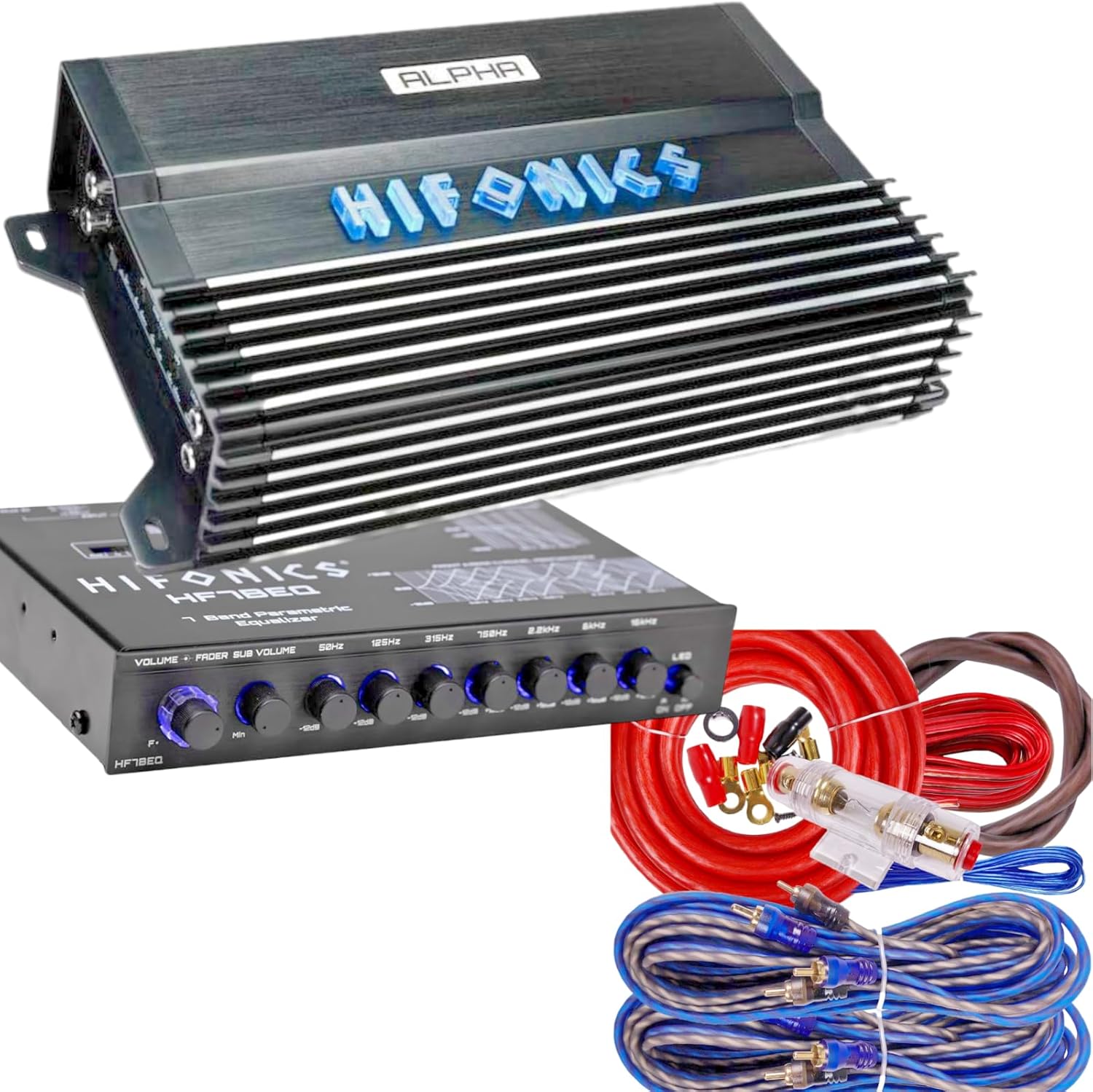 Hifonics Alpha A1200.1D 1200W Super D-Class Mono Amplifier with Hifonics HFEQBK Equalizer & BGC4AR Amp Kit, Bass Remote Included