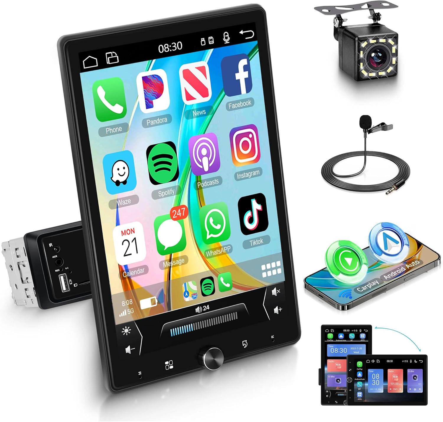 Single Din Car Stereo with Wireless A-pple Carplay Android Auto, 10.4