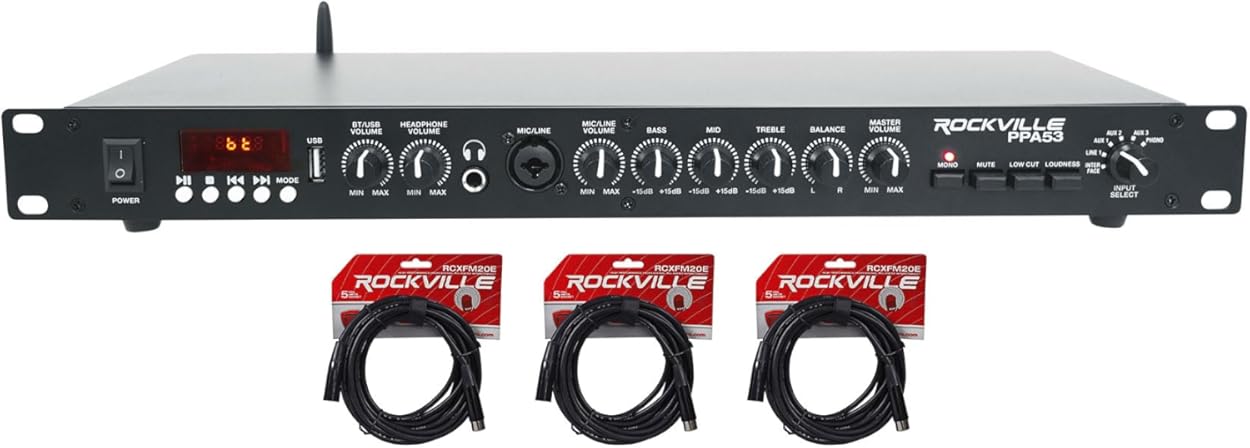 Audiosavings Bundle: Rockville PPA53 Preamp Pro 1U Pre-Amplifier w/Bluetooth/USB/Computer Interface Bundle with (3) Rockville RCXFM20E-B 20 Foot Female to Male XLR Mic Cable (4 Items)