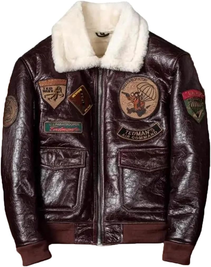 Men Military Pilot Bomber Genuine Vintage Flight Wool Collar Sheepskin Coats Winter Jackets