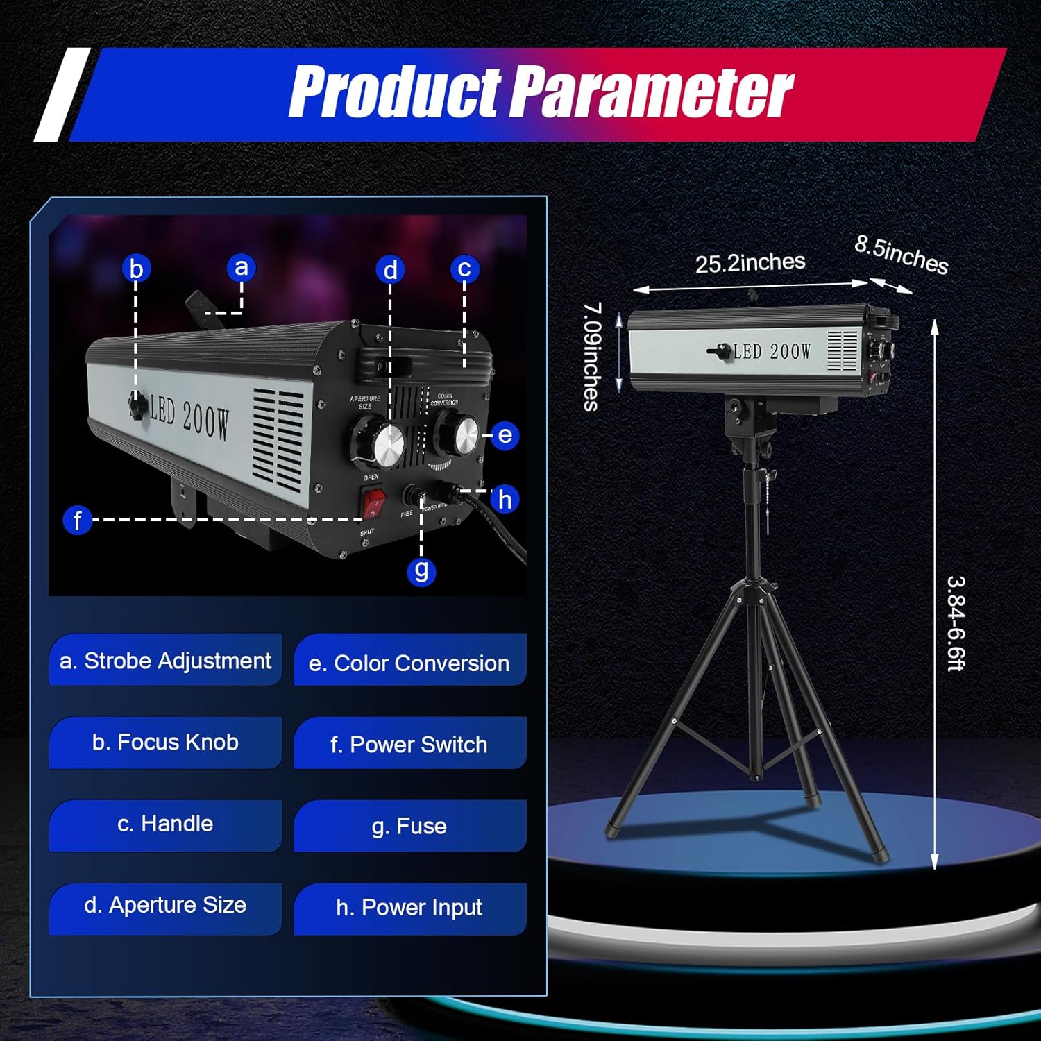 200W Manual Follow Spot Light, Stage Spotlight with Tripod Bracket LED Light Monotonic Focalization Follow Spotlight, Black DJ Lights Theater Spotlight for Outdoor Parties Bars Weddings
