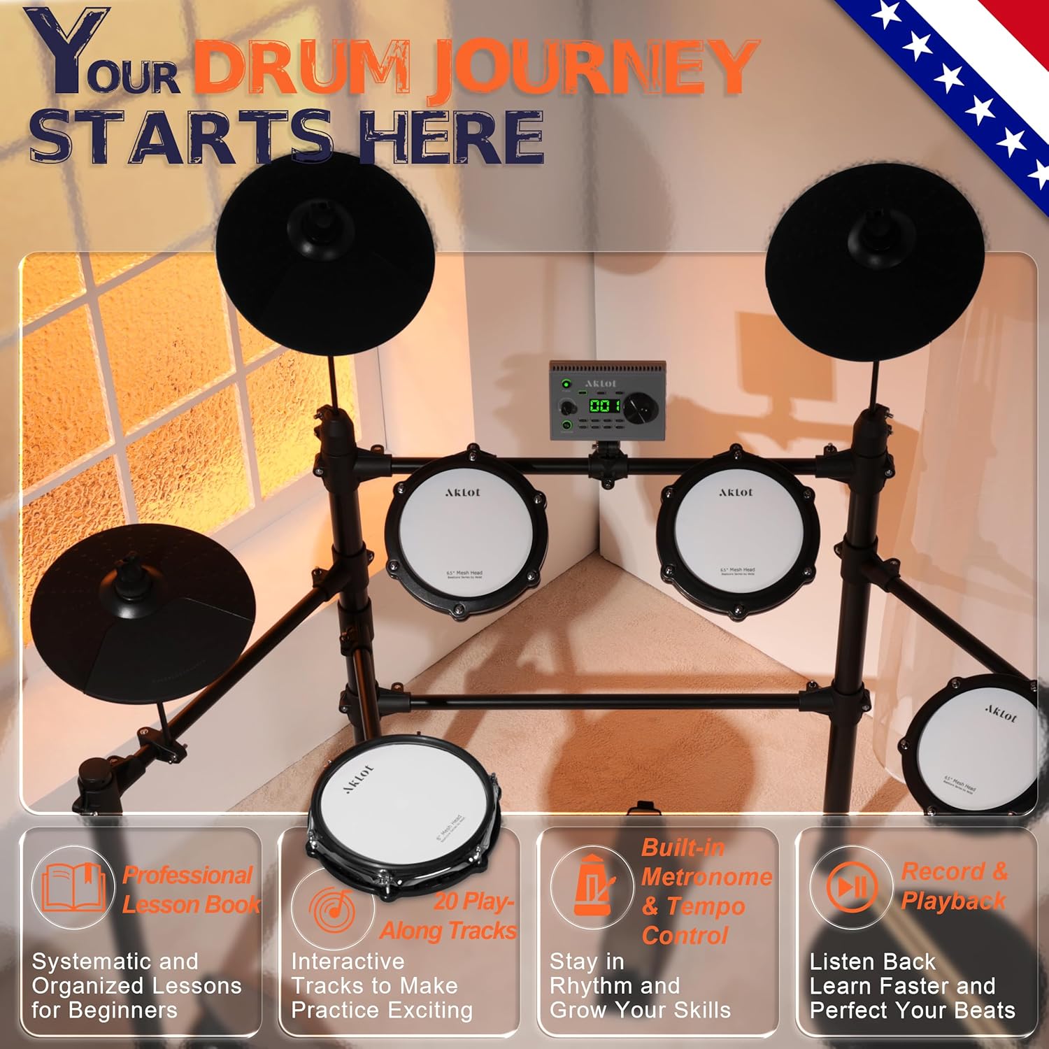 AKLOT Multi-Zone Electric Drum Set with Ukulele