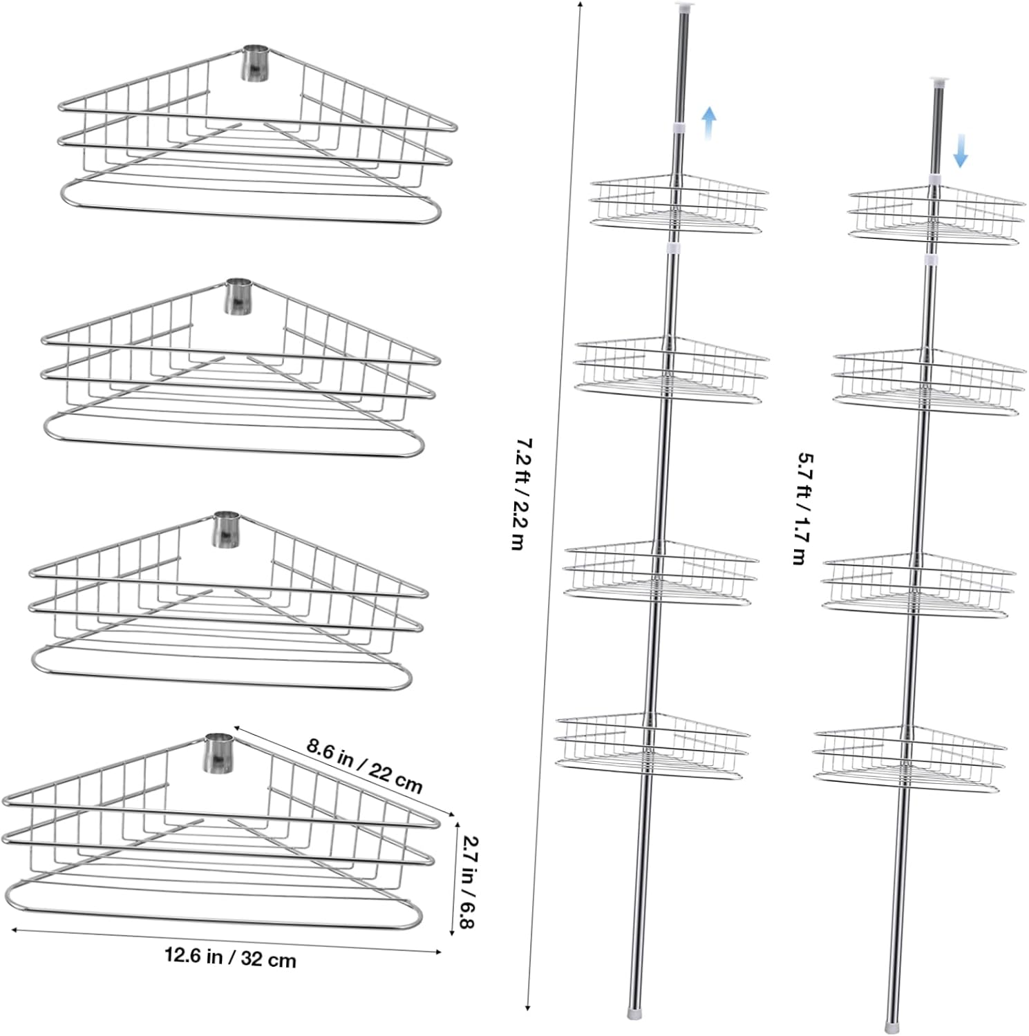 ABOOFAN 4-Tier Corner Shelf Rack Expandable Shower Storage Organizer for Bathroom Waterproof Design No Drill Required Space-Saving Toiletries Holder