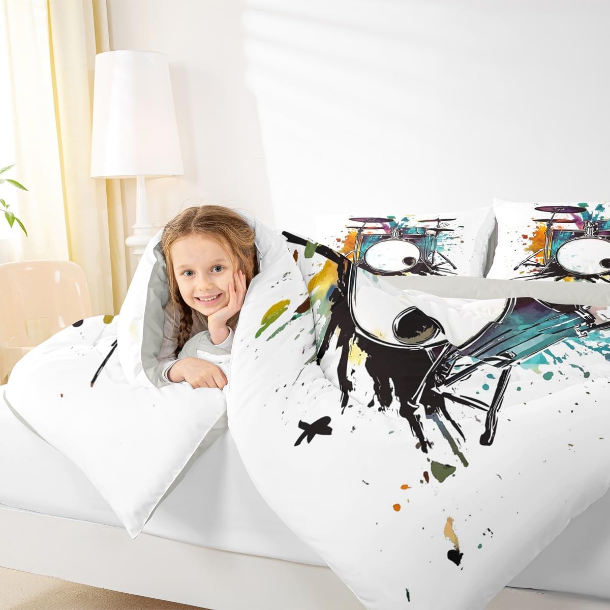 Erosebridal Drum Kit Kids Comforter Sets Rock Music Instrument King Bedding Set for Boys Girls Watercolor Drum Kit Comforter Set,Music Theme Quilt Duvet 3 Pcs