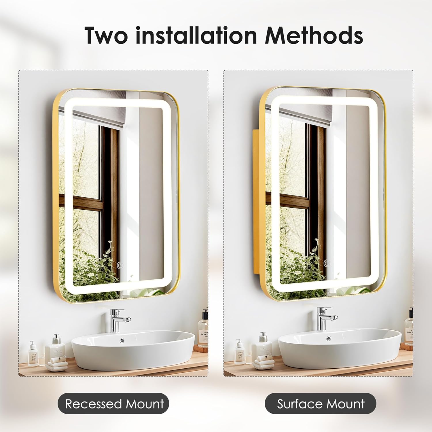 SogesGame LED Medicine Cabinet, 16 x 24 Inch Bathroom Medicine Cabinet with Adjustable Shelves, Recessed or Wall Mount, Wall Mounted Deep Metal Framed Rounded Corner, Gold