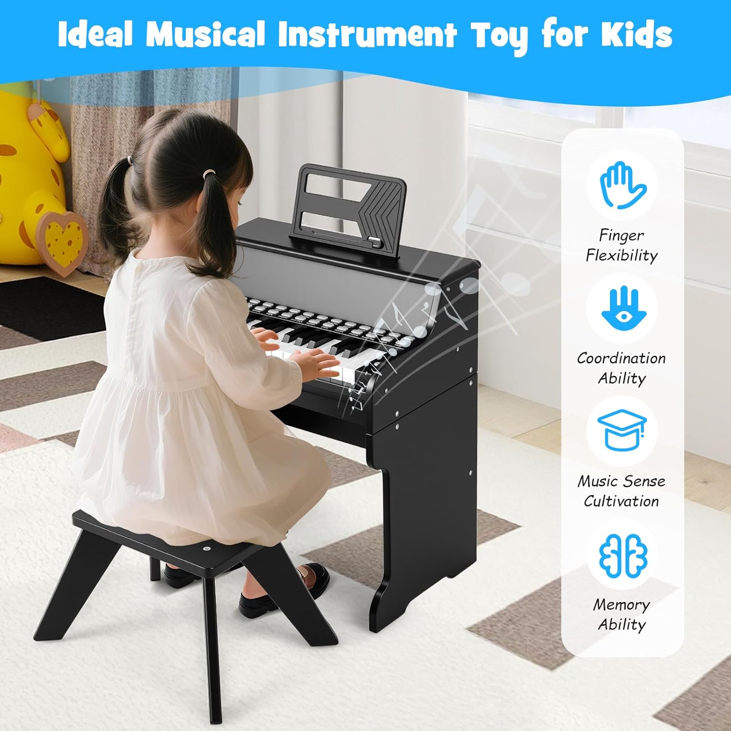 Costzon 25 Keys Kids Piano Keyboard, Mini Digital Piano Wooden Toy w/ Adjustable Speed & Volume, Teaching Mode, Removable Music Stand, Educational Music Instrument for Kids Aged 3+ (Black,with Stool)