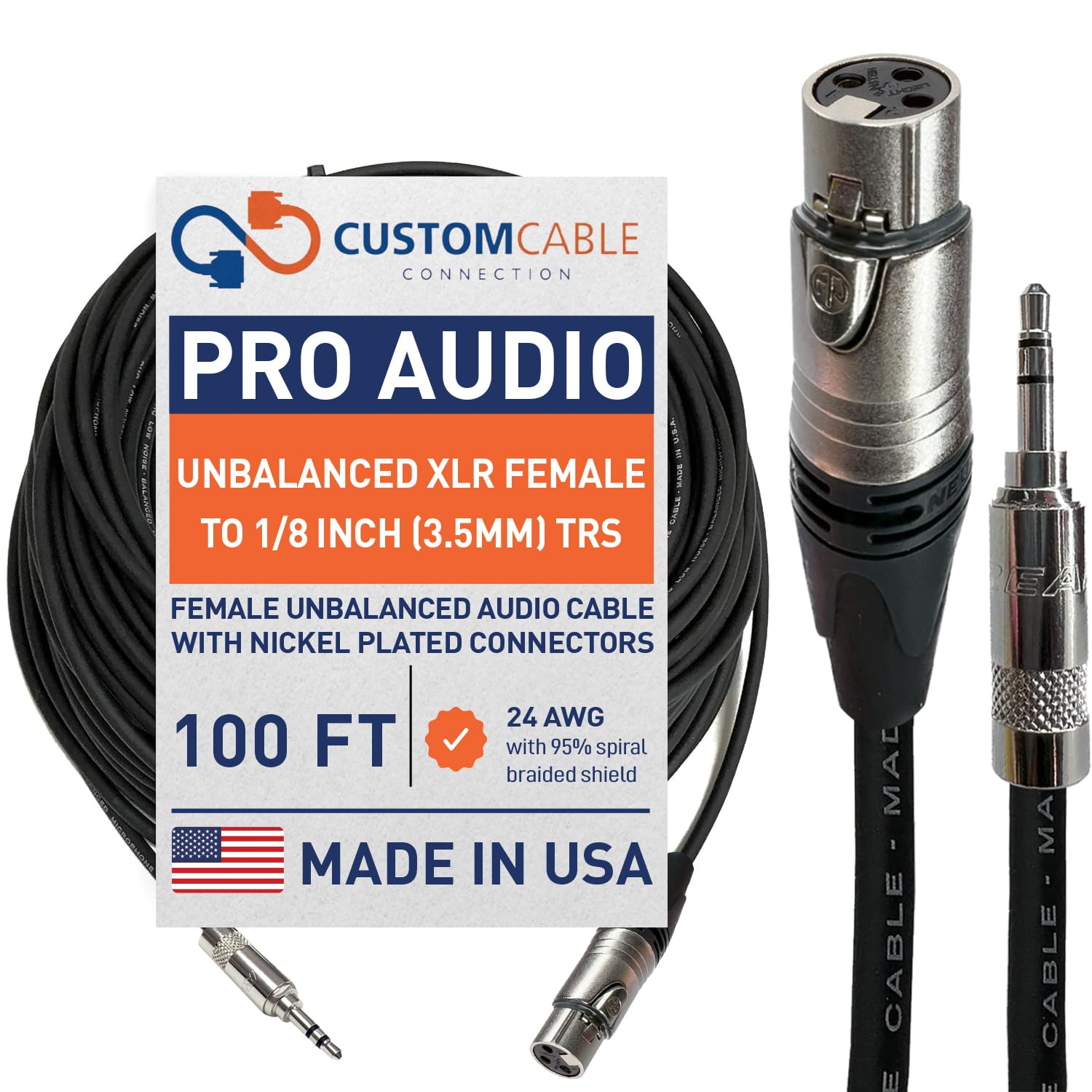 100 Foot XLR Female to 1/8 Inch (3.5mm) Male Unbalanced Audio Cable 24 AWG by Custom Cable Connection