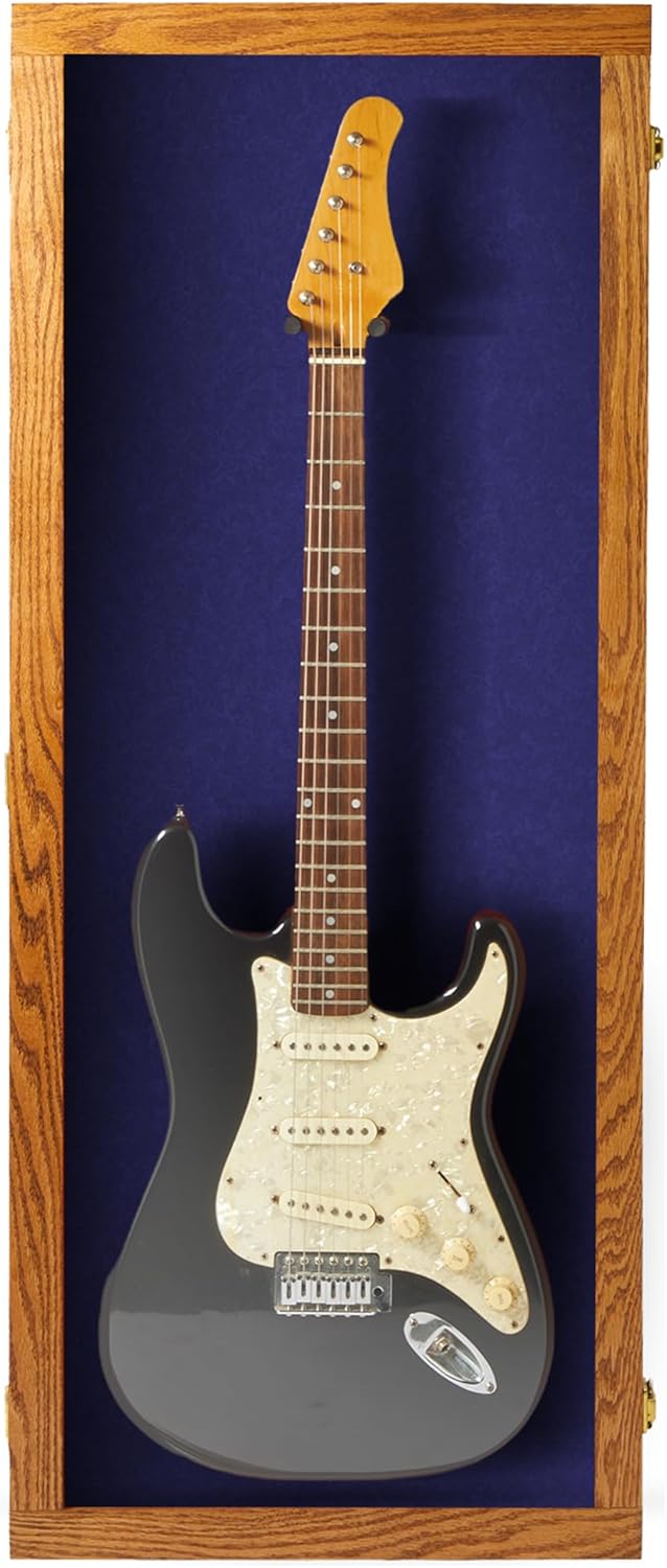 PENNZONI Electric Guitar Display Case - Acrylic Guitar Display Case Wall Mount Made from Hardwood & Clear Acrylic - Natural Oak w/Blue Felt
