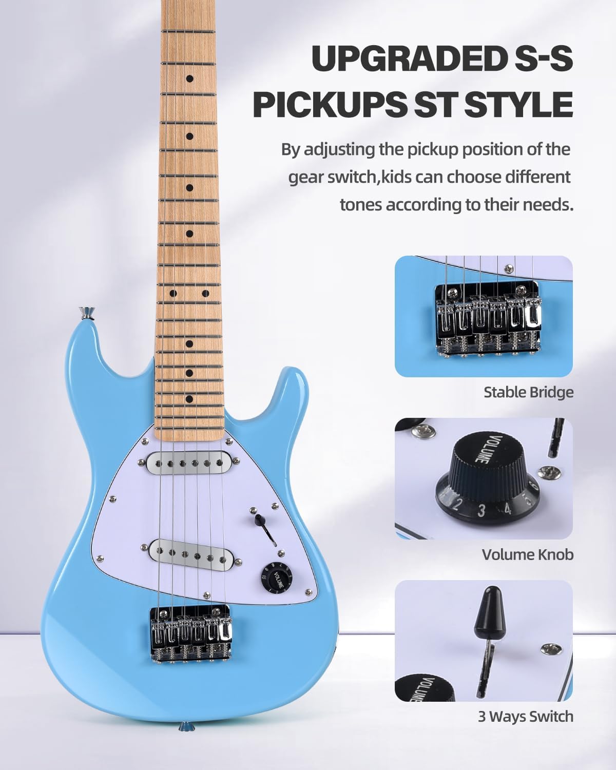 Winzz 30 Inch Kids Electric Guitar Beginner Kit, Junior 1/4 Size Mini Electric Guitar for Children Complete Stater Set with Amp, Gloosy Blue Colour