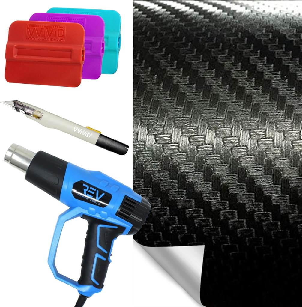 VViViD Black Carbon Black (50ft x 5ft) Full Car Wrap Starter Kit w/ 3 Magnetic Squeegees (Hard, Medium and Soft), Blaze Turbo Heat Gun and Premium Knife - M0