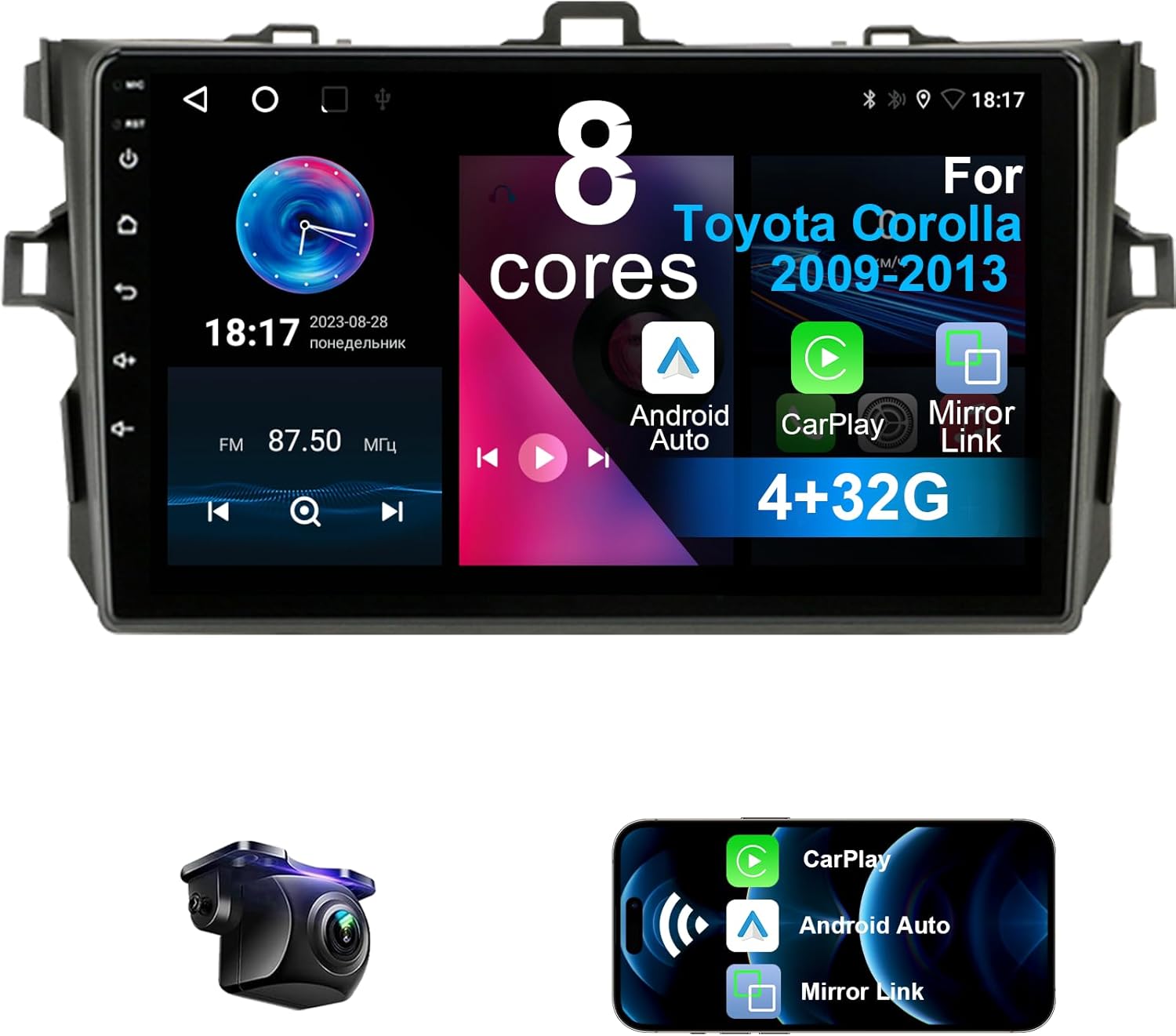 8 Core 4+32G Car Radio for Toyota Corolla 2009-2013 with Wireless CarPlay Android Auto, 9 inch 1280X720 IPS Touchscreen Car Stereo Player with Backup Camera, AM/FM/RDS, AUX, DSP, SWC